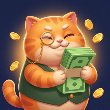 Fat Cat, an orange tabby banker with a monocle and a green vest, hugging a bundle of bills