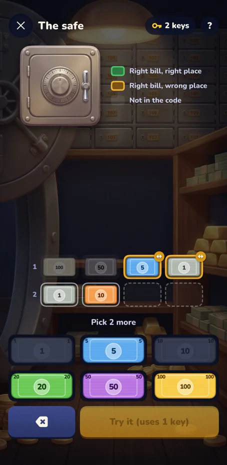 Guessing the safe code with bills